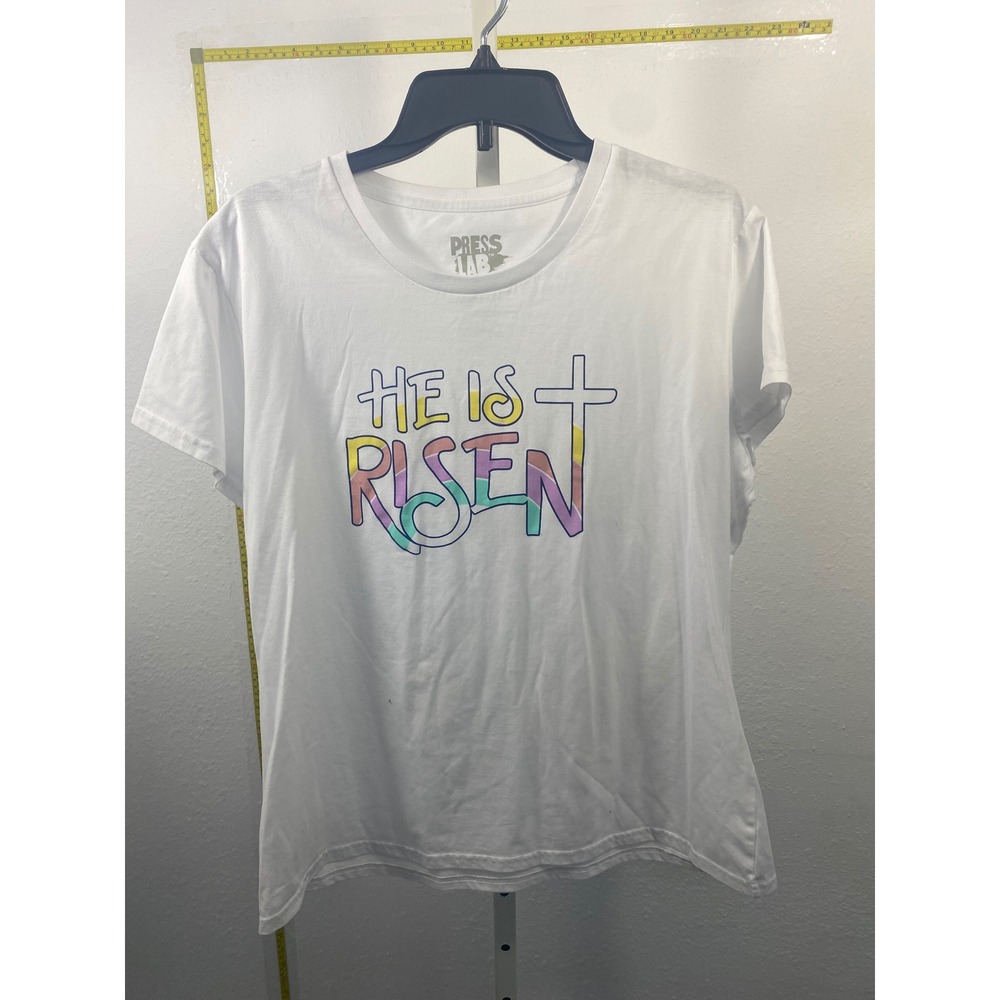 Press Lab He Is Risen Christian Graphic T-Shirt White XL Easter Cross Religious